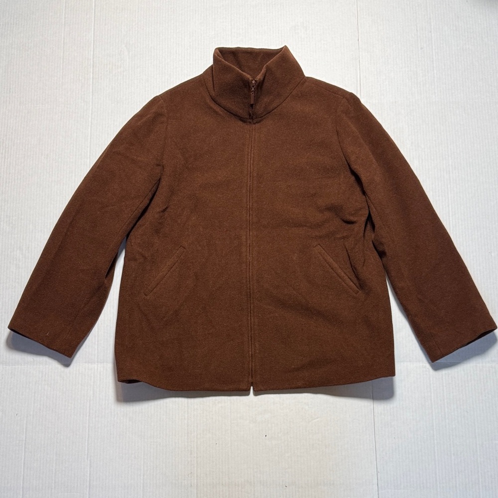 EILEEN FISHER Italian Wool Nutmeg‎ Chocolate Brown Funnel Neck Jacket Minimal LG